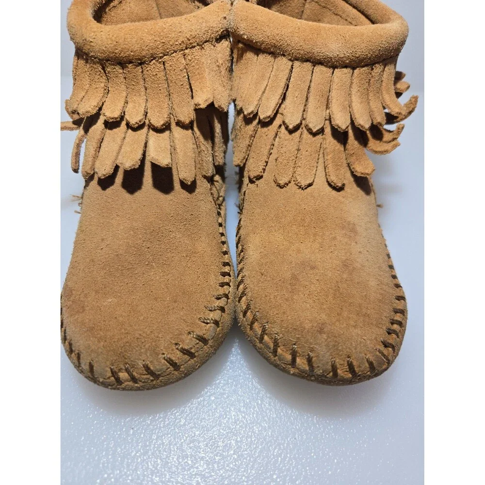 Minnetonka Kids Size 5 Double Fringe Moccasins Bootie Brown Leather Side Zipper